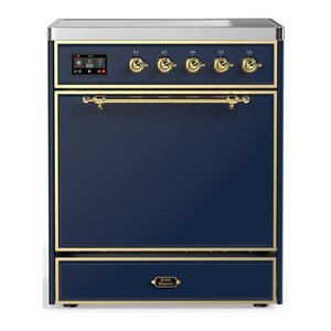 ILVE Majestic III 30-Inch Induction Range with 4 Induction Elements, 4 cu. ft. Oven, Mightnight Blue with Brass Trim, Solid Door, UMIB30QNR3MBG