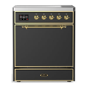 ILVE Majestic III 30-Inch Induction Range with 4 Induction Elements, 4 cu. ft. Oven, Matte Graphite with Brass Trim, Solid Door, UMIB30QNR3MGG