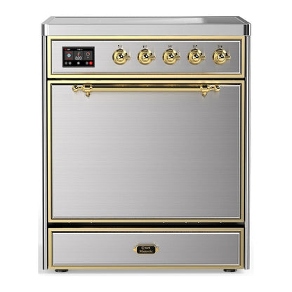 ILVE Majestic III 30-Inch Induction Range with 4 Induction Elements, 4 cu. ft. Oven, Stainless Steel with Brass Trim, Solid Door, UMIB30QNR3SSG