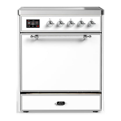 ILVE Majestic III 30-Inch Induction Range with 4 Induction Elements, 4 cu. ft. Oven, White with Chrome Trim, Solid Door, UMIB30QNR3WHC