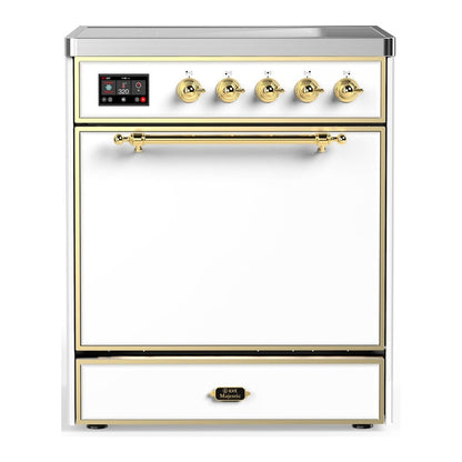 ILVE Majestic III 30-Inch Induction Range with 4 Induction Elements, 4 cu. ft. Oven, White with Brass Trim, Solid Door, UMIB30QNR3WHG