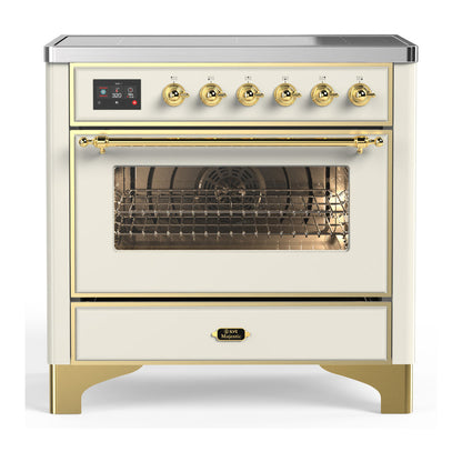 ILVE Majestic III 36-Inch Induction Range with 6 Induction Elements, 3.5 cu. ft. Oven, Antique White with Brass Trim, Triple Glass Door, UMIB36NR3AWG