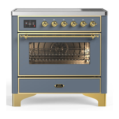 ILVE Majestic III 36-Inch Induction Range with 6 Induction Elements, 3.5 cu. ft. Oven, Blue Grey with Brass Trim, Triple Glass Door, UMIB36NR3BGG