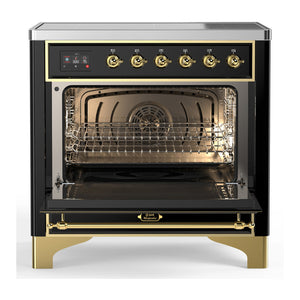 ILVE Majestic III 36-Inch Induction Range with 6 Induction Elements, 3.5 cu. ft. Oven, Glossy Black with Brass Trim, Triple Glass Door, UMIB36NR3BKG