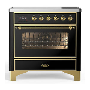 ILVE Majestic III 36-Inch Induction Range with 6 Induction Elements, 3.5 cu. ft. Oven, Glossy Black with Brass Trim, Triple Glass Door, UMIB36NR3BKG