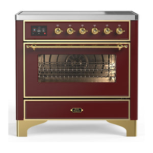 ILVE Majestic III 36-Inch Induction Range with 6 Induction Elements, 3.5 cu. ft. Oven, Burgundy with Brass Trim, Triple Glass Door, UMIB36NR3BUG