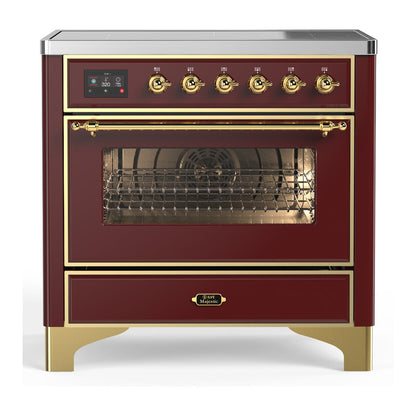 ILVE Majestic III 36-Inch Induction Range with 6 Induction Elements, 3.5 cu. ft. Oven, Burgundy with Brass Trim, Triple Glass Door, UMIB36NR3BUG