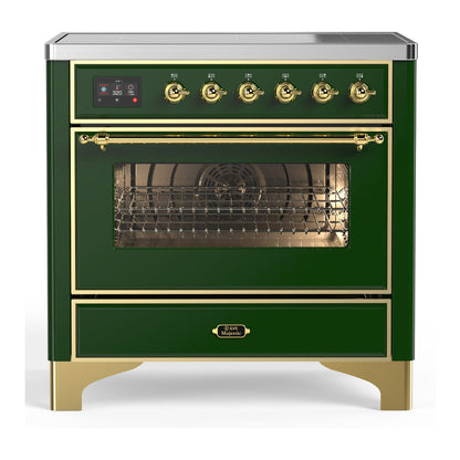 ILVE Majestic III 36-Inch Induction Range with 6 Induction Elements, 3.5 cu. ft. Oven, Emerald Green with Brass Trim, Triple Glass Door, UMIB36NR3EGG