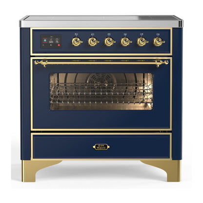 ILVE Majestic III 36-Inch Induction Range with 6 Induction Elements, 3.5 cu. ft. Oven, Mightnight Blue with Brass Trim, Triple Glass Door, UMIB36NR3MBG