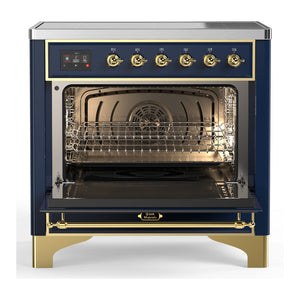 ILVE Majestic III 36-Inch Induction Range with 6 Induction Elements, 3.5 cu. ft. Oven, Mightnight Blue with Brass Trim, Triple Glass Door, UMIB36NR3MBG