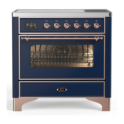 ILVE Majestic III 36-Inch Induction Range with 6 Induction Elements, 3.5 cu. ft. Oven, Mightnight Blue with Copper Trim, Triple Glass Door, UMIB36NR3MBP