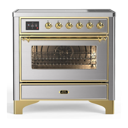 ILVE Majestic III 36-Inch Induction Range with 6 Induction Elements, 3.5 cu. ft. Oven, Stainless Steel with Brass Trim, Triple Glass Door, UMIB36NR3SSG