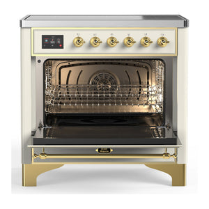 ILVE Majestic III 36-Inch Induction Range with 6 Induction Elements, 3.5 cu. ft. Oven, Antique White with Brass Trim, Solid Door, UMIB36QNR3AWG