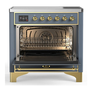 ILVE Majestic III 36-Inch Induction Range with 6 Induction Elements, 3.5 cu. ft. Oven, Blue Grey with Brass Trim, Solid Door, UMIB36QNR3BGG