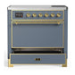 ILVE Majestic III 36-Inch Induction Range with 6 Induction Elements, 3.5 cu. ft. Oven, Blue Grey with Brass Trim, Solid Door, UMIB36QNR3BGG