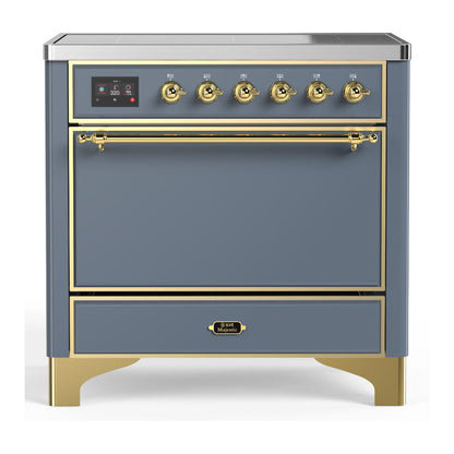 ILVE Majestic III 36-Inch Induction Range with 6 Induction Elements, 3.5 cu. ft. Oven, Blue Grey with Brass Trim, Solid Door, UMIB36QNR3BGG