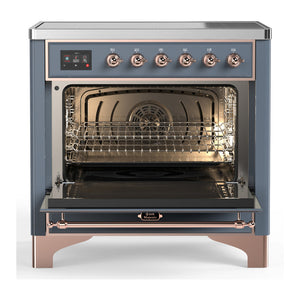 ILVE Majestic III 36-Inch Induction Range with 6 Induction Elements, 3.5 cu. ft. Oven, Blue Grey with Copper Trim, Solid Door, UMIB36QNR3BGP