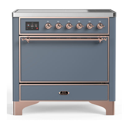 ILVE Majestic III 36-Inch Induction Range with 6 Induction Elements, 3.5 cu. ft. Oven, Blue Grey with Copper Trim, Solid Door, UMIB36QNR3BGP