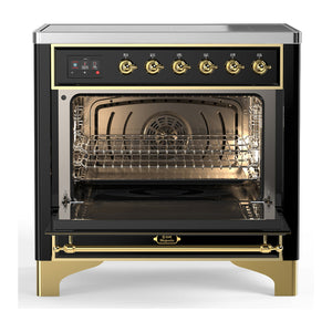 ILVE Majestic III 36-Inch Induction Range with 6 Induction Elements, 3.5 cu. ft. Oven, Glossy Black with Brass Trim, Solid Door, UMIB36QNR3BKG