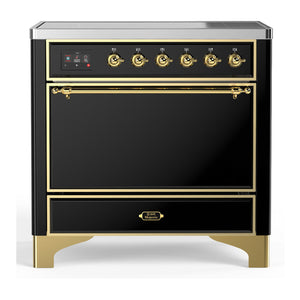 ILVE Majestic III 36-Inch Induction Range with 6 Induction Elements, 3.5 cu. ft. Oven, Glossy Black with Brass Trim, Solid Door, UMIB36QNR3BKG
