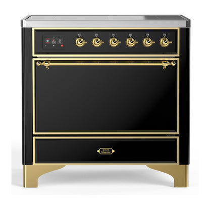 ILVE Majestic III 36-Inch Induction Range with 6 Induction Elements, 3.5 cu. ft. Oven, Glossy Black with Brass Trim, Solid Door, UMIB36QNR3BKG