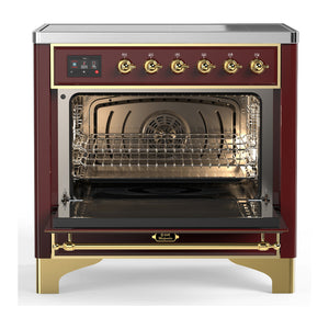 ILVE Majestic III 36-Inch Induction Range with 6 Induction Elements, 3.5 cu. ft. Oven, Burgundy with Brass Trim, Solid Door, UMIB36QNR3BUG