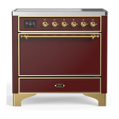 ILVE Majestic III 36-Inch Induction Range with 6 Induction Elements, 3.5 cu. ft. Oven, Burgundy with Brass Trim, Solid Door, UMIB36QNR3BUG