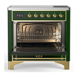 ILVE Majestic III 36-Inch Induction Range with 6 Induction Elements, 3.5 cu. ft. Oven, Emerald Green with Brass Trim, Solid Door, UMIB36QNR3EGG