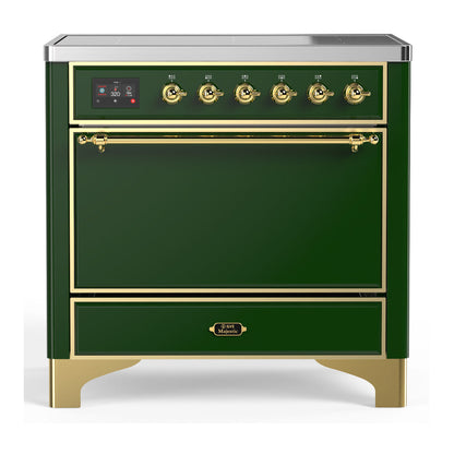 ILVE Majestic III 36-Inch Induction Range with 6 Induction Elements, 3.5 cu. ft. Oven, Emerald Green with Brass Trim, Solid Door, UMIB36QNR3EGG