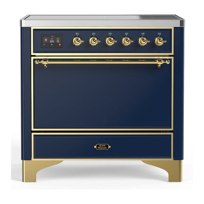 ILVE Majestic III 36-Inch Induction Range with 6 Induction Elements, 3.5 cu. ft. Oven, Mightnight Blue with Brass Trim, Solid Door, UMIB36QNR3MBG