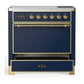 ILVE Majestic III 36-Inch Induction Range with 6 Induction Elements, 3.5 cu. ft. Oven, Mightnight Blue with Brass Trim, Solid Door, UMIB36QNR3MBG