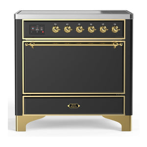 ILVE Majestic III 36-Inch Induction Range with 6 Induction Elements, 3.5 cu. ft. Oven, Matte Graphite with Brass Trim, Solid Door, UMIB36QNR3MGG