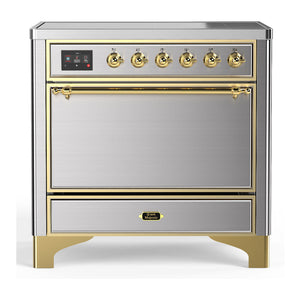 ILVE Majestic III 36-Inch Induction Range with 6 Induction Elements, 3.5 cu. ft. Oven, Stainless Steel with Brass Trim, Solid Door, UMIB36QNR3SSG