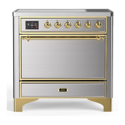 ILVE Majestic III 36-Inch Induction Range with 6 Induction Elements, 3.5 cu. ft. Oven, Stainless Steel with Brass Trim, Solid Door, UMIB36QNR3SSG