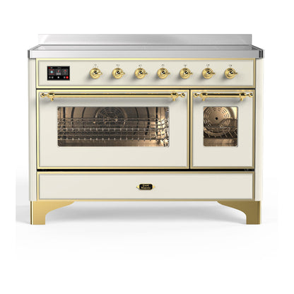 ILVE Majestic III 48-Inch Induction Range with 6 Induction Elements, 5.02 cu. ft. Oven, Antique White with Brass Trim, Triple Glass Door, UMIB48NR3AWG