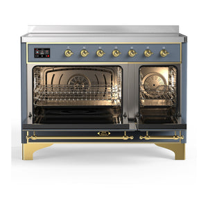 ILVE Majestic III 48-Inch Induction Range with 6 Induction Elements, 5.02 cu. ft. Oven, Blue Grey with Brass Trim, Triple Glass Door, UMIB48NR3BGG