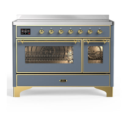 ILVE Majestic III 48-Inch Induction Range with 6 Induction Elements, 5.02 cu. ft. Oven, Blue Grey with Brass Trim, Triple Glass Door, UMIB48NR3BGG