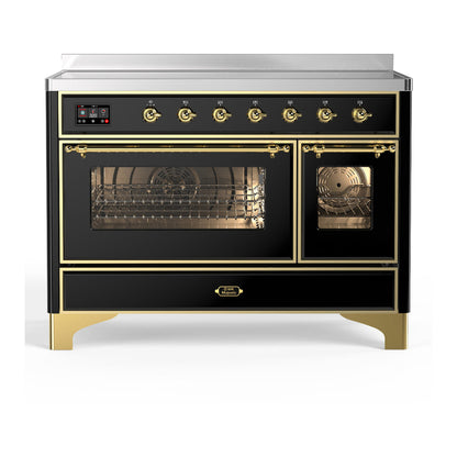 ILVE Majestic III 48-Inch Induction Range with 6 Induction Elements, 5.02 cu. ft. Oven, Glossy Black with Brass Trim, Triple Glass Door, UMIB48NR3BKG