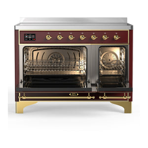 ILVE Majestic III 48-Inch Induction Range with 6 Induction Elements, 5.02 cu. ft. Oven, Burgundy with Brass Trim, Triple Glass Door, UMIB48NR3BUG