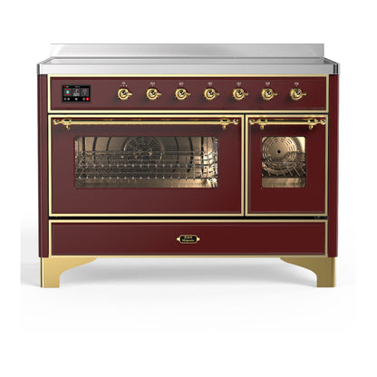 ILVE Majestic III 48-Inch Induction Range with 6 Induction Elements, 5.02 cu. ft. Oven, Burgundy with Brass Trim, Triple Glass Door, UMIB48NR3BUG