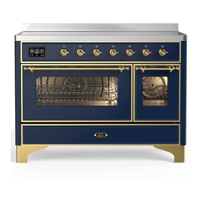 ILVE Majestic III 48-Inch Induction Range with 6 Induction Elements, 5.02 cu. ft. Oven, Mightnight Blue with Brass Trim, Triple Glass Door, UMIB48NR3MBG