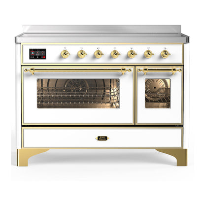 ILVE Majestic III 48-Inch Induction Range with 6 Induction Elements, 5.02 cu. ft. Oven, White with Brass Trim, Triple Glass Door, UMIB48NR3WHG