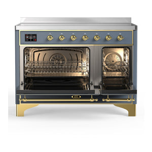 ILVE Majestic III 48-Inch Induction Range with 6 Induction Elements, 5.02 cu. ft. Oven, Blue Grey with Brass Trim, Solid Door, UMIB48QNR3BGG