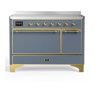 ILVE Majestic III 48-Inch Induction Range with 6 Induction Elements, 5.02 cu. ft. Oven, Blue Grey with Brass Trim, Solid Door, UMIB48QNR3BGG