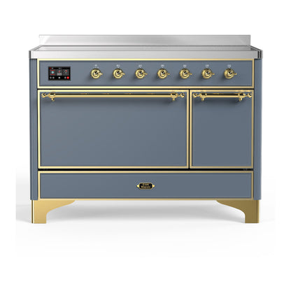 ILVE Majestic III 48-Inch Induction Range with 6 Induction Elements, 5.02 cu. ft. Oven, Blue Grey with Brass Trim, Solid Door, UMIB48QNR3BGG