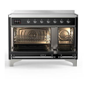 ILVE Majestic III 48-Inch Induction Range with 6 Induction Elements, 5.02 cu. ft. Oven, Glossy Black with Chrome Trim, Solid Door, UMIB48QNR3BKC