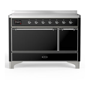 ILVE Majestic III 48-Inch Induction Range with 6 Induction Elements, 5.02 cu. ft. Oven, Glossy Black with Chrome Trim, Solid Door, UMIB48QNR3BKC