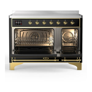 ILVE Majestic III 48-Inch Induction Range with 6 Induction Elements, 5.02 cu. ft. Oven, Glossy Black with Brass Trim, Solid Door, UMIB48QNR3BKG