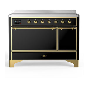 ILVE Majestic III 48-Inch Induction Range with 6 Induction Elements, 5.02 cu. ft. Oven, Glossy Black with Brass Trim, Solid Door, UMIB48QNR3BKG