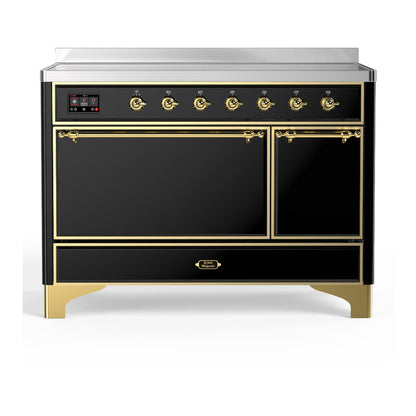 ILVE Majestic III 48-Inch Induction Range with 6 Induction Elements, 5.02 cu. ft. Oven, Glossy Black with Brass Trim, Solid Door, UMIB48QNR3BKG